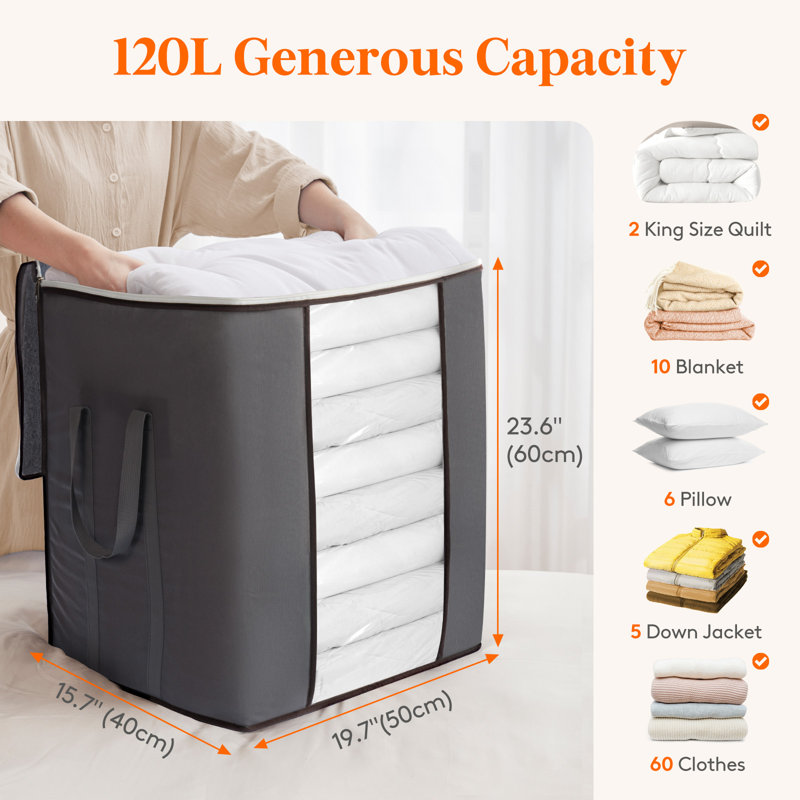 120L Extra Large Blanket Storage Bags, Foldable Comforter Storage With Reinforced Handles, Clothes Storage Containers For King Comforter, Bedding, Pillow, Sheet, Storage Bin With Lids 3 Pack