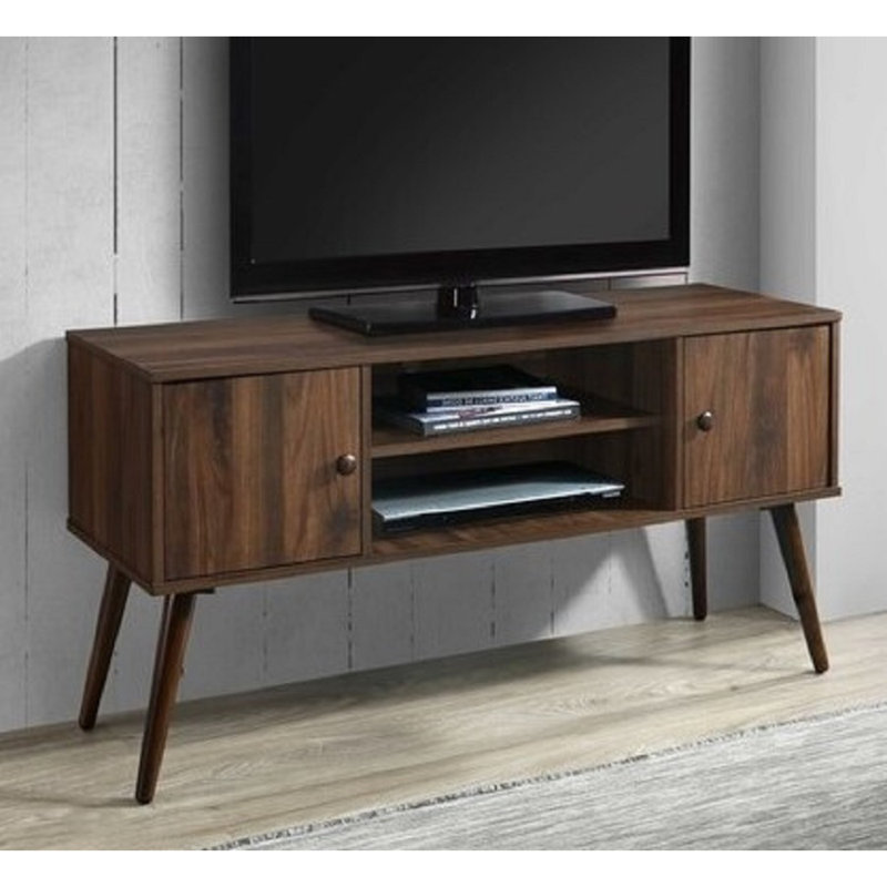 Meuble télé Mid-Century de 47 po avec téléviseur de 50 à 55 po, 2 tablettes et 2 armoires de rangement, Noyer foncé