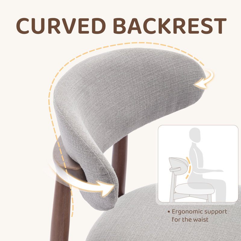  Solid Wood Upholstered Dining Chair - Ergonomic Curved Back, Comfort Fabric, Light Grey Fabric, Walnut