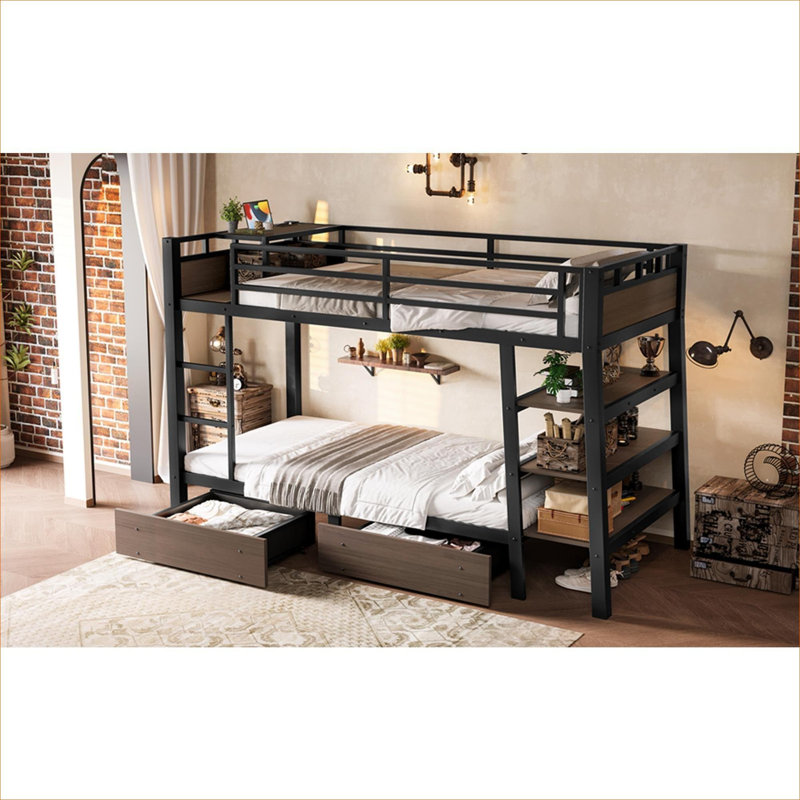 Structure de lit superposé simple pour les petits espaces de chambre à coucher Métal noir profond avec tablettes de rangement Bande lumineuse à DEL et multiprise USB