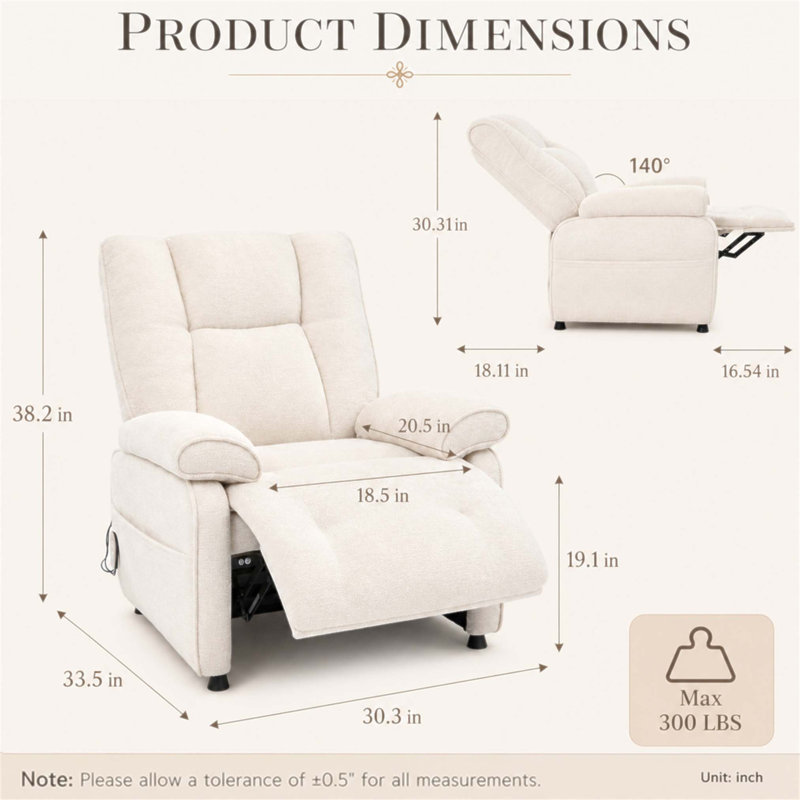 Upholstered Chenille Power Recliner, Beige Chenille