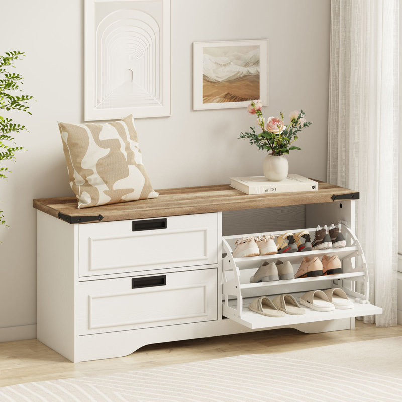 Guinna Farmhouse Entryway Bench, Wood Shoe Storage Bench With Flip Drawer, Enter Way Bench Shoe Cabinet Organizer, Hidden Shoe Rack Bench For Living Room Hallway