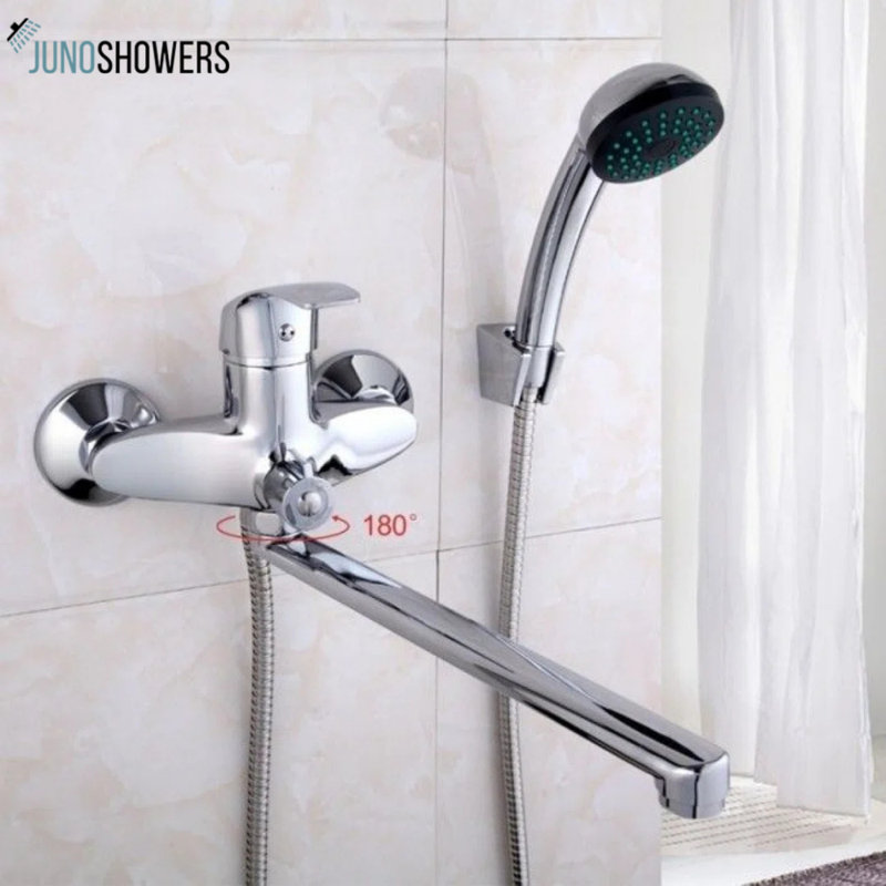 Juno Chrome Wall Mount Single Handle Long Spout Bathroom Shower Faucet With Handheld Shower