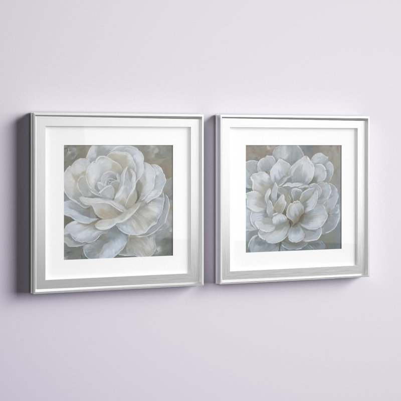 «Bombshell Bloom I», ensemble de 2 reproductions d'art sur toiles, H 17,5 po x l 35 po, Papier encadré noir, Argent argent