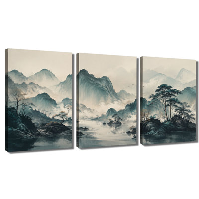 3‑panel wall art Oriental Misty Mountain Lake Landscape Wrapped Canvas Print