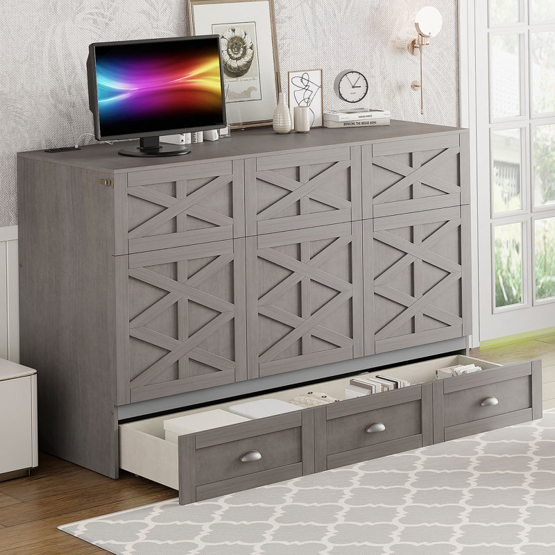 Grand lit escamotable avec grands tiroirs, gris brossé, gris, Grand