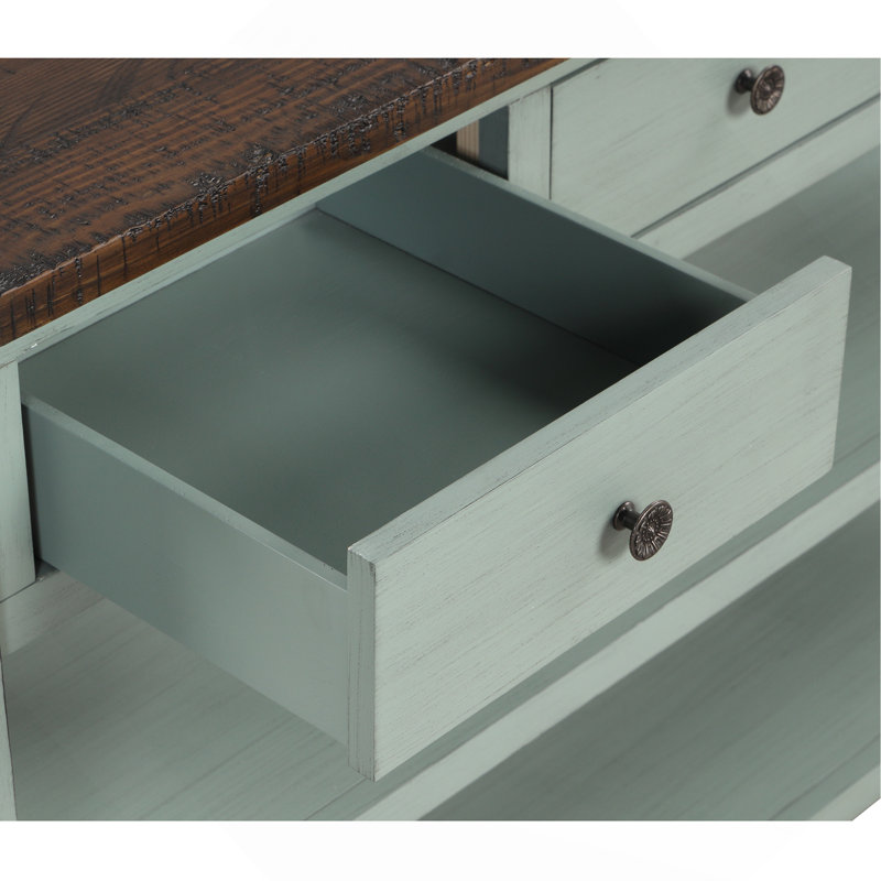 Console en bois de pin massif 48 po, table d'appoint moderne avec 3 tiroirs de rangement et 2 tablettes. Facile à assembler (blanc antique + plateau brun)
