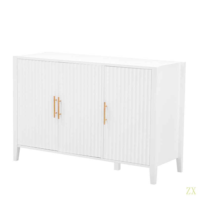 Buffet ondulé à 3 portes avec pieds en pin massif, armoire de rangement à finition peinte de style américain pour le salon, le vestibule, la cuisine et le bureau personnel