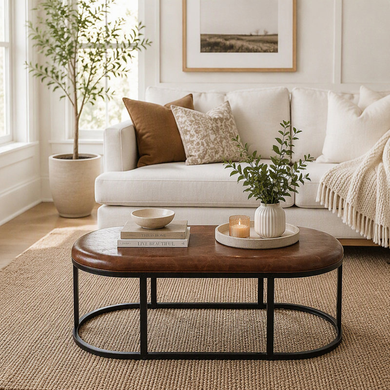 Table basse ovale en similicuir 55,12 po avec base en métal