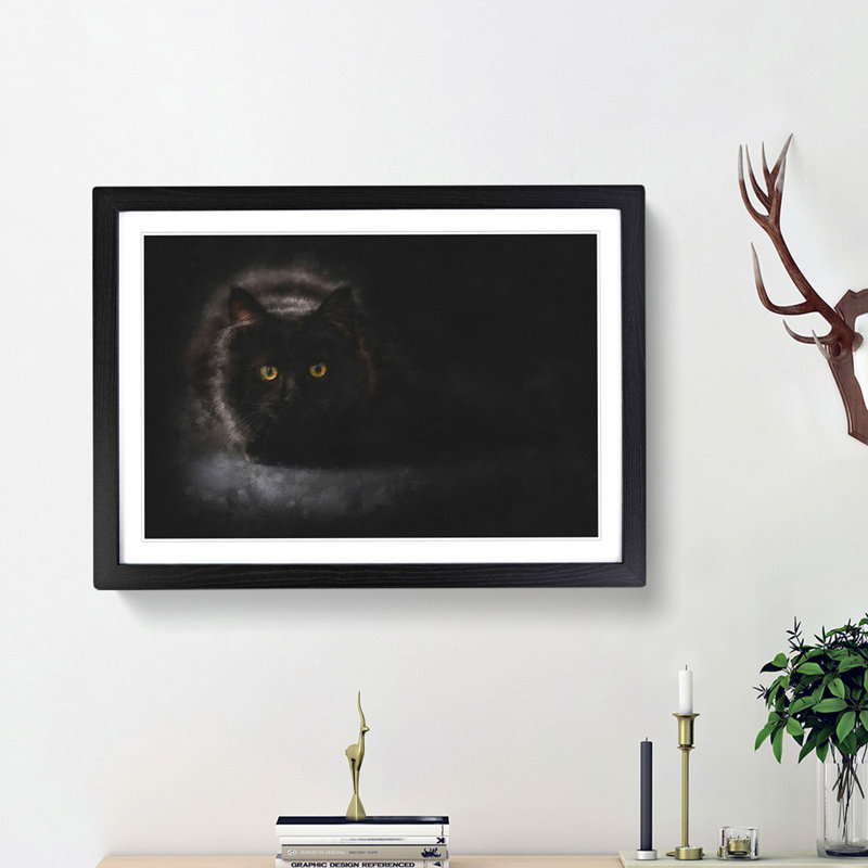 Black Cat with Yellow Eyes - Picture Frame Painting Print, 24cm H x 33cm W x 2cm D, Black Framed