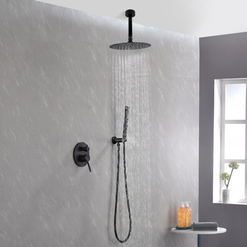 Système de douche à pluie de 12 pouces en laiton inoxydable 1 pièce Système de douche noir mat monté au plafond