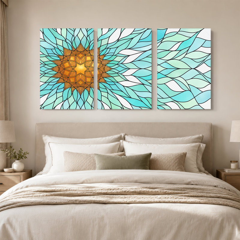 «Golden Geometric Starburst», ensemble de 3 toiles ondulées bleu sarcelle, H 36 po x l 24 po x 3 pièces