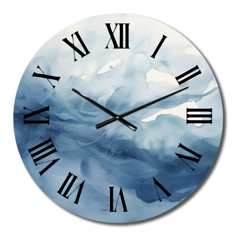Metal Wall Clock - Blue And White Dancing Watercolor Clouds, Small