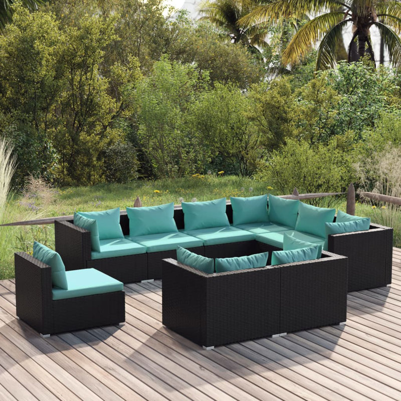 9 Piece Lounge Sofa Seating Group, Water Blue, Black