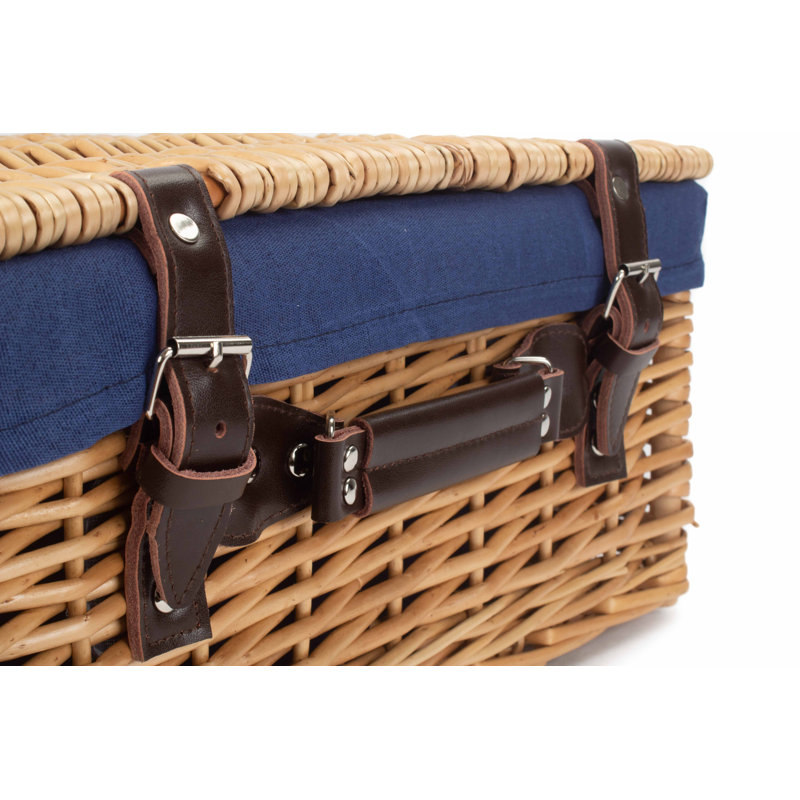 Wicker Hamper Basket with Lining, Buff/Navy Blue