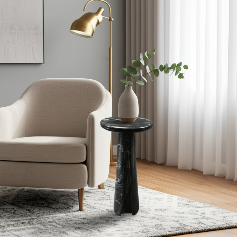 Accent Table Marble Pedestal Base Savoir Style For Home Office Bedroom Living Room Decor - 23" Black, Black