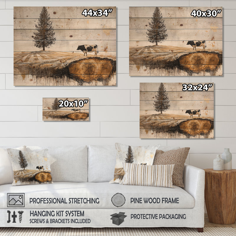 Vache dans un paysage de ferme audacieux II - Art mural en bois de ferme - sur bois de pin naturel, H 34 po x l 44 po