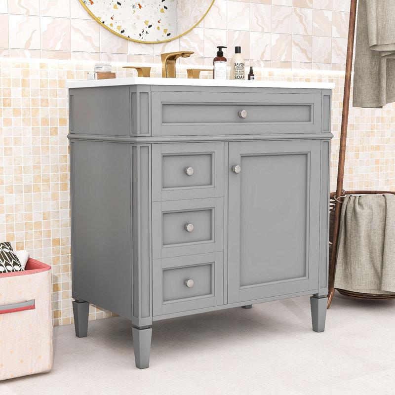 Contemporary Freestanding Single Bathroom Vanity Cabinet with Ceramic Sink and Ample Storage, Gray