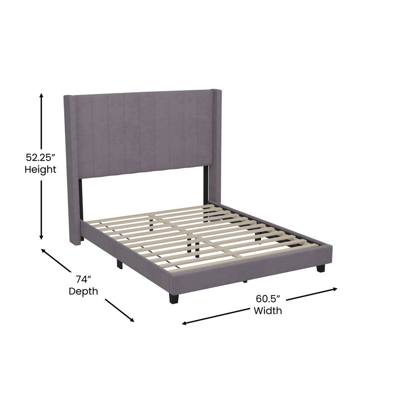 Upholstered Platform Bed with Vertical Stitched Wingback Headboard, Slatted Mattress Foundation, Full / Double, Gray
