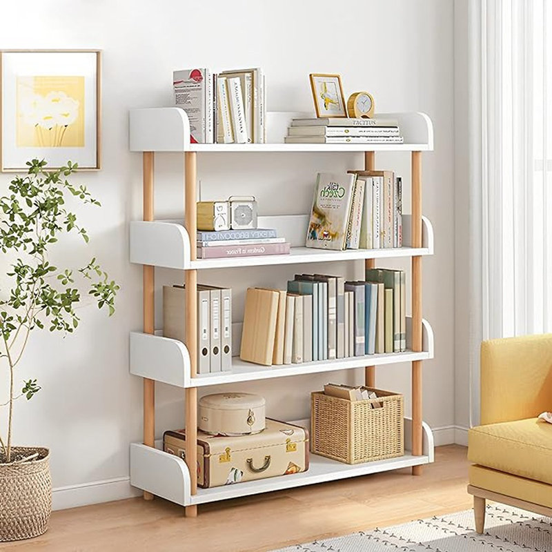 Bibliothèque ouverte à 4 niveaux en bois - Bibliothèque moderne avec panneaux latéraux et cadre en bois massif pour la maison et le bureau, armoire de rangement, blanc chaud