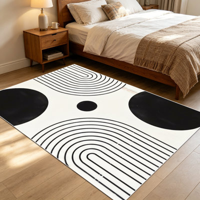 1PC Modern Minimalist Black White Geometric Line Circle Abstract area rugs for Living Room, Soft and Comfortable, Suitable for all seasons, easy-to-maintain, machine washable Indoor floor mat, Under Table Farmhouse suitable for dining room, bedroom,