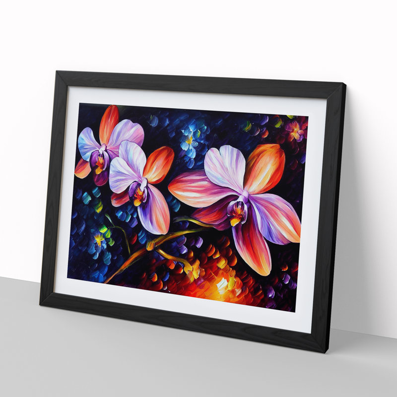 Orchid Flower Painting Vol.2 Abstract - Single Picture Frame Print, 46cm H x 64cm W, Black