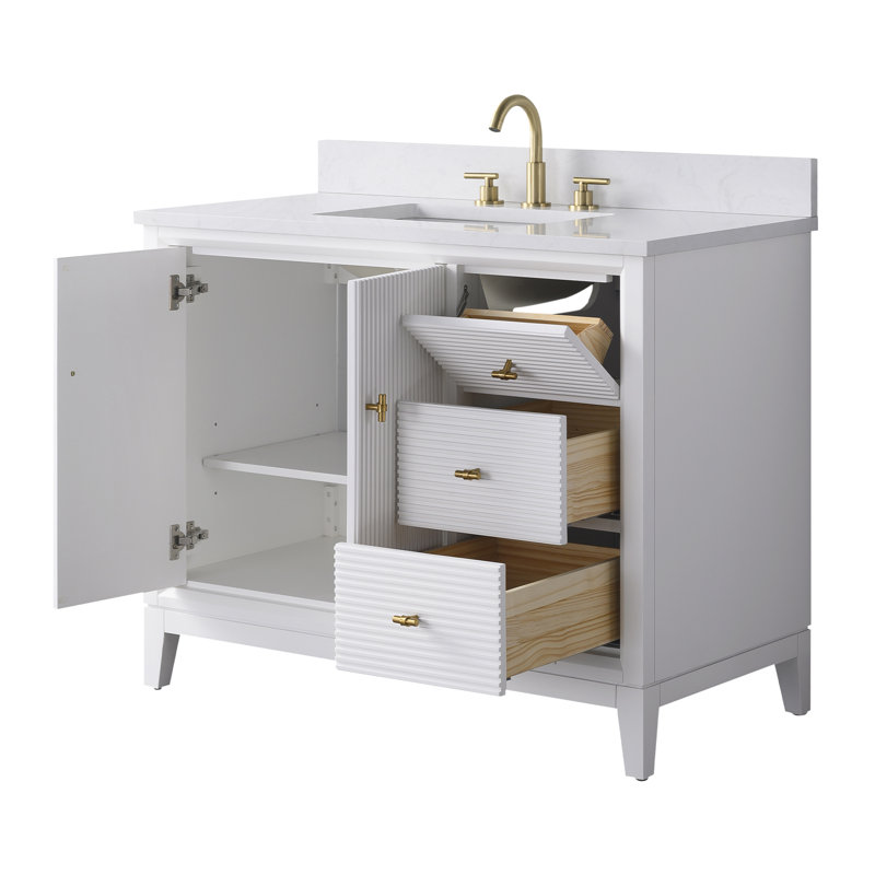 Meuble-lavabo autoportant à simple cuve 42 po avec plateau en marbre Caldwell, Blanc, Doré brossé, Blanc Arabescato
