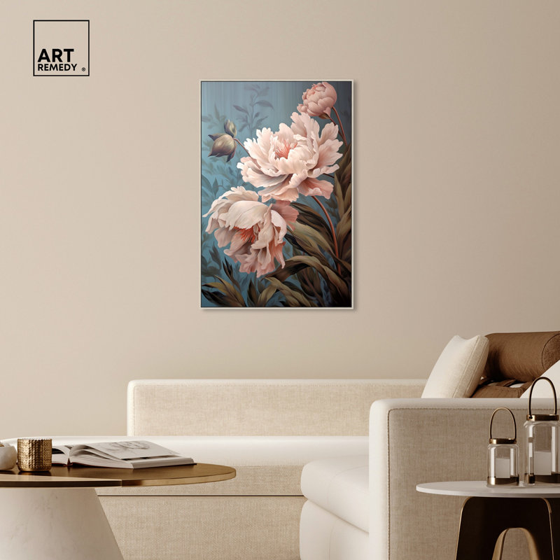 Elegant Pink Peonies Canvas Wall Art with Silver Frame
