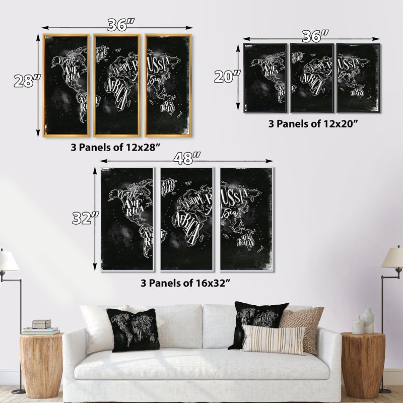 «Vintage Chalk World Map - Cartes murales d'art sur toile, ensemble de 3, Cadre noir, H 28 po x l 36 po x P 1 po