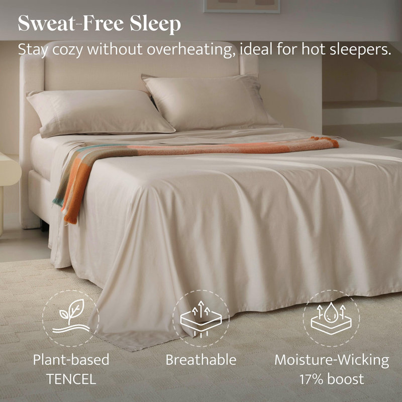 Double Stitch Sheet - Luxury Cotton Tencel Eucalyptus Bed Sheets Deep Pocket, 4 Pc Soft Hotel Bedding Set Cooling Breathable, 1 Fitted Sheet & 1 Flat Sheet & Pillowcases
