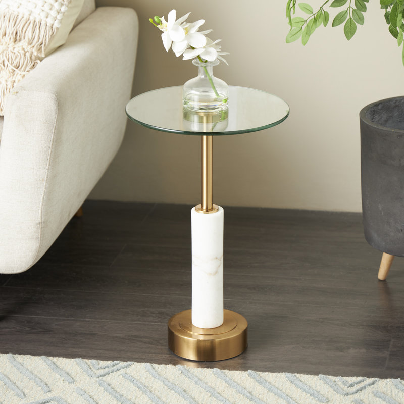 Table d'appoint ronde en marbre Cole et gris avec tige et base en métal doré