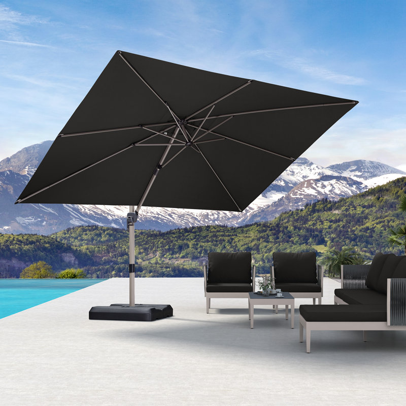 Parasol rectangulaire excentré gris en aluminium avec rotation à 360 ° et base en porte-à-faux rectangulaire de 132 po x 108 po Roene