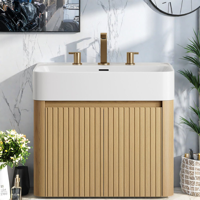 Meuble-lavabo flottant avec lavabo, contreplaqué 36 po, rangement pour salle de bain en chêne moderne, 23.62