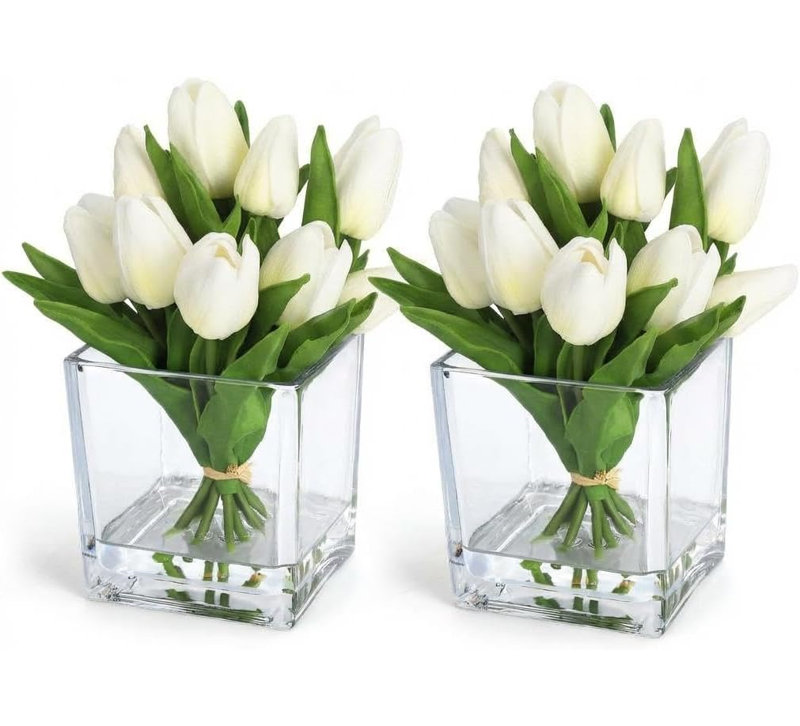  Ensemble de 2 tulipes artificielles dans un vase, 12 têtes en polyuréthane Real Touch