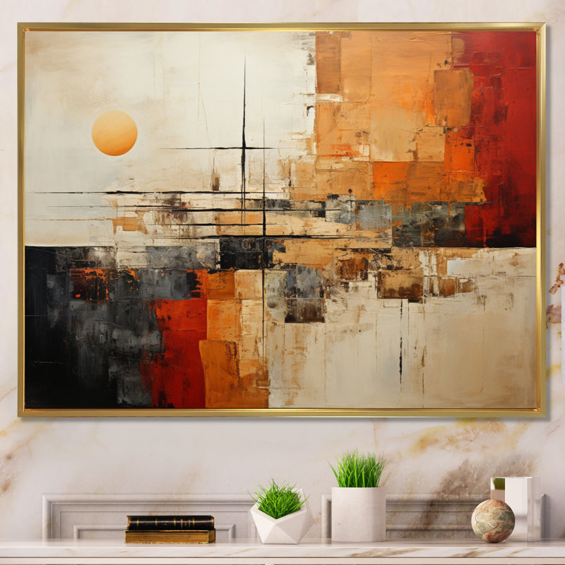 Décoration murale orange orange beige amérindien - paysages abstraits, Cadre flottant doré, H 16 po x l 32 po x P 1 po