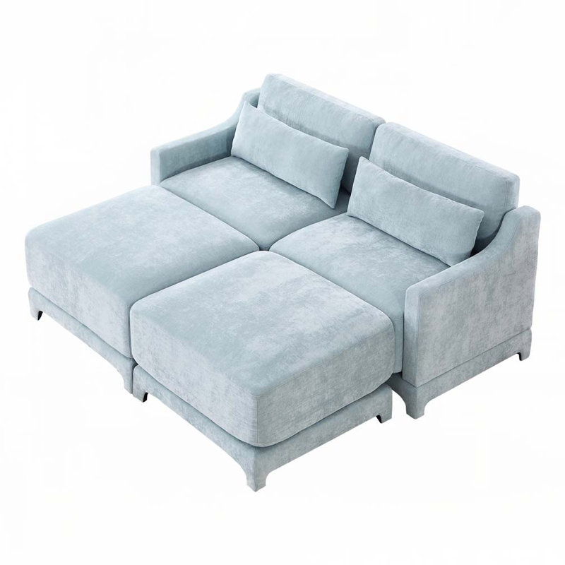Canapé en chenille 2 places avec 2 repose-pieds, Bleu ciel