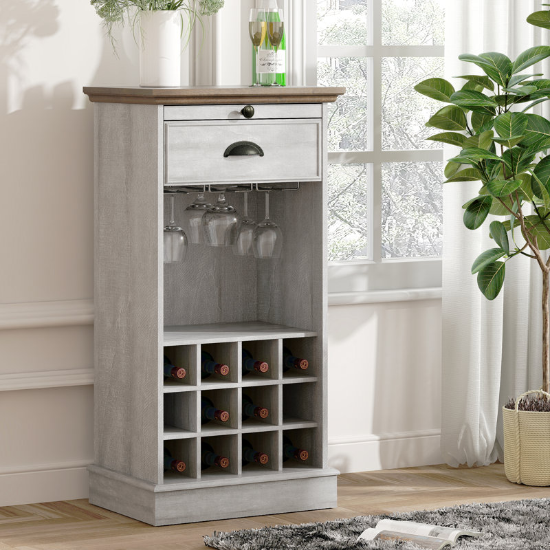 Deliyah 21.97"W x 42"H Freestanding Narrow Bar Cabinet, Liquor Storage with Wine & Glass Rack for Small Spaces, Cut-off White