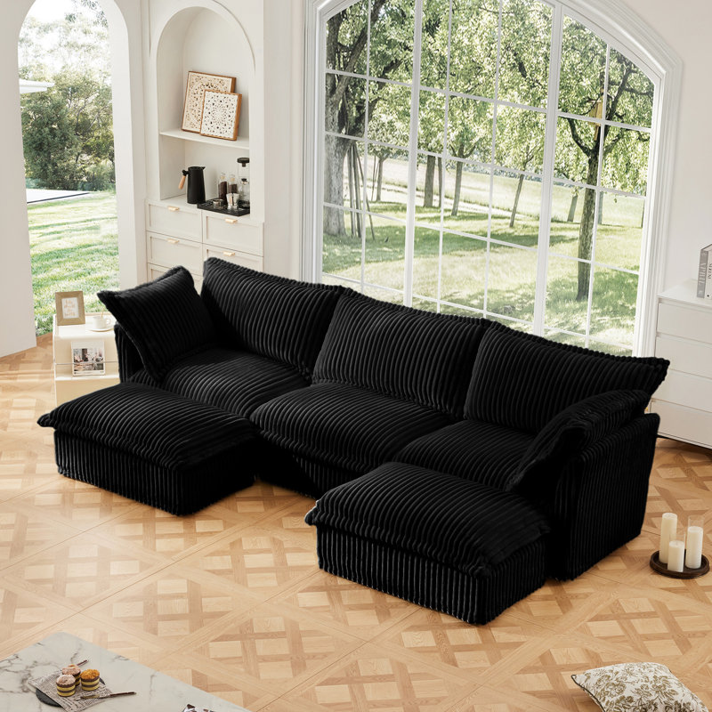 Slipcovered U Shape Sectional Deep Seat Sofa Couch, 3 Seater With French Edges, Multiple Big Pillows, Modular Comfy Cloud Couch For Living Room And Apartment