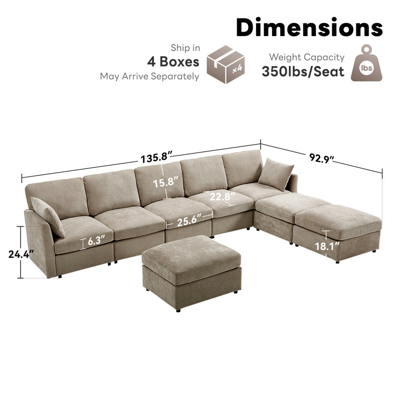 Canapé modulaire rembourré 8 places avec sièges Ottomans 128,61 po Sarang, Mélange de polyester brun clair