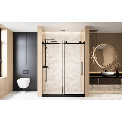 Single Sliding Shower Door, 1/4 " 6 Mm  Clear Tempered Glass 56 - 60 "W X 76" H, Stainless Steel Handle, Square Tube Track, Film, Matte Black For Bathroom Use Door Proof