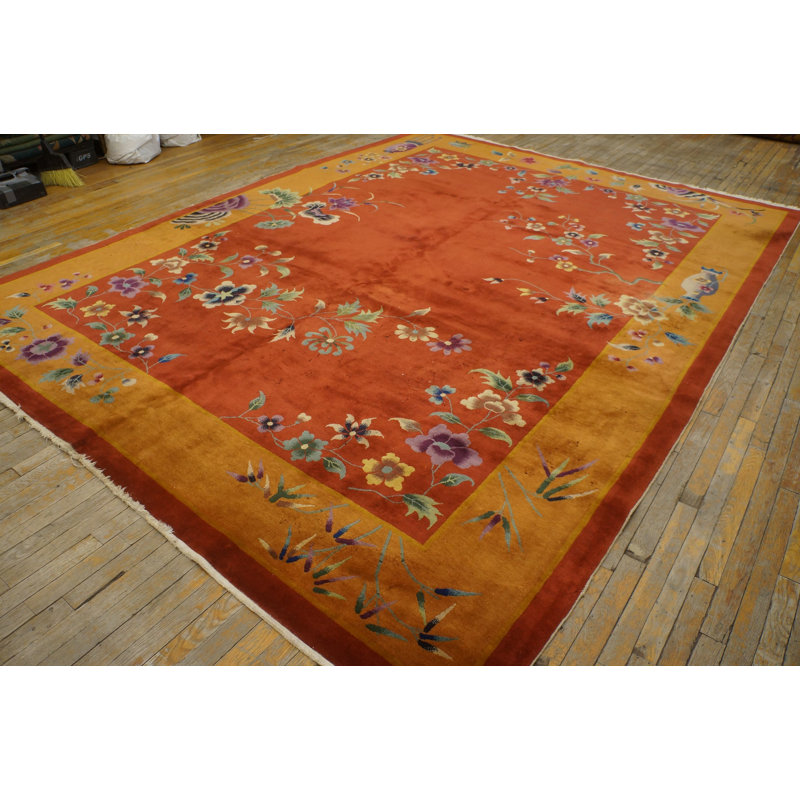 Rectangle Coral / Salmon Pink 1920s Hand Knotted Pile Wool Antique Rug