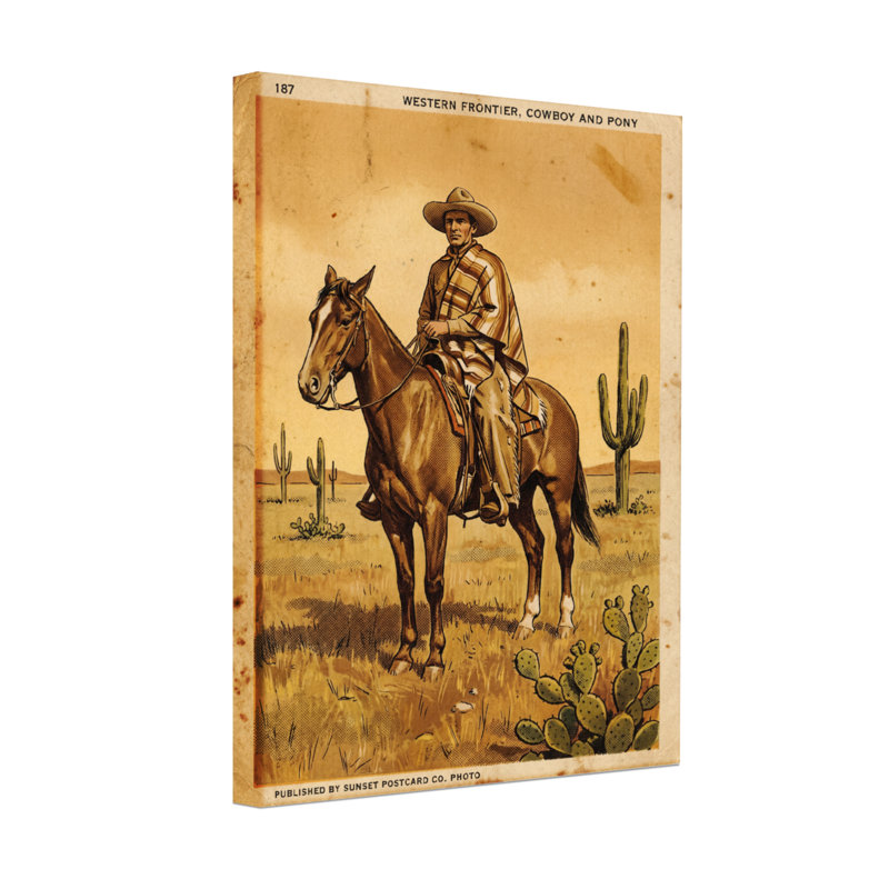 cowboy et poney, H 12 po x l 18 po, Toile tendue sur cadre, Ne s’applique pas