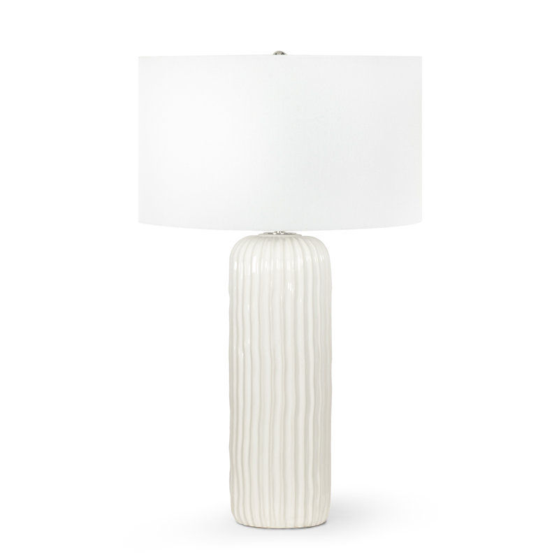 White Ceramic Table Lamp with Linen Shade and Polished Nickel Accents