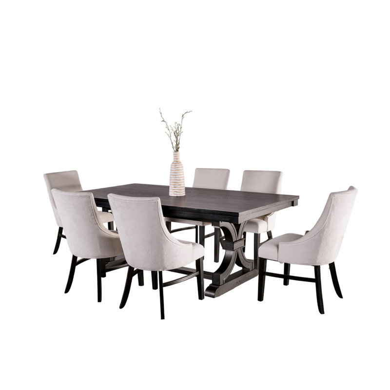 Luke 7Pc Dining Table Set With 6 Wingback Chairs, Rectangular, Black, Beige