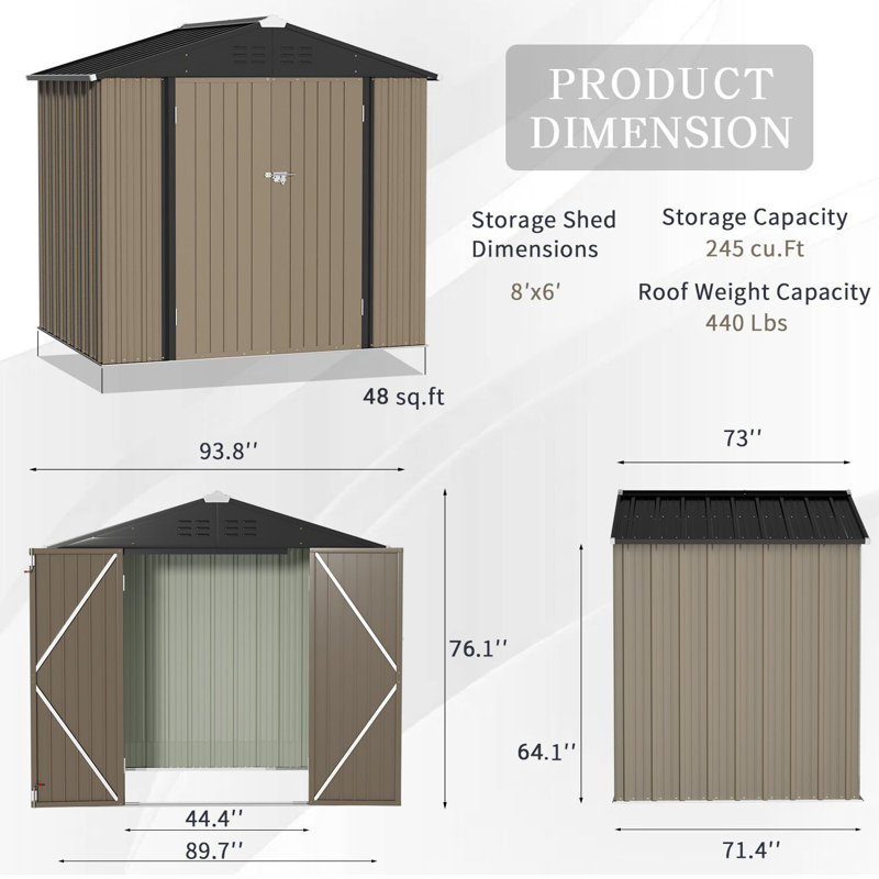 Remise de rangement extérieure en métal l 8 pi x P 6 pi, Brun / noir
