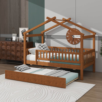 Twin-Sized Wooden House-Style Bed With Twin Trundle, Wood Platform Bed Frame