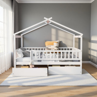 Full Size Wooden House Bed With Two Drawers