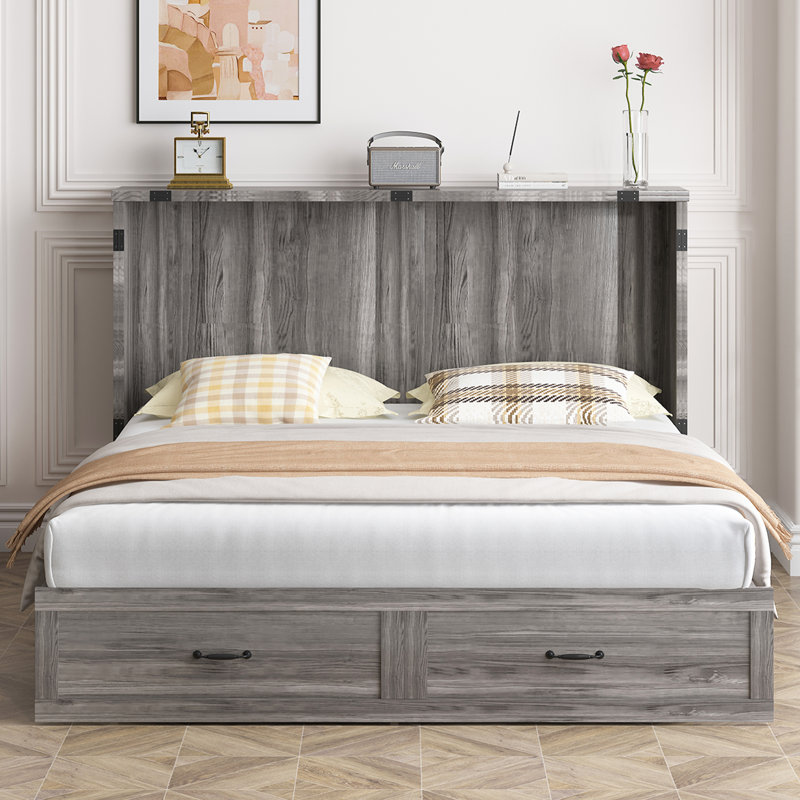 Grand lit escamotable avec 2 tiroirs et matelas USB, Gris