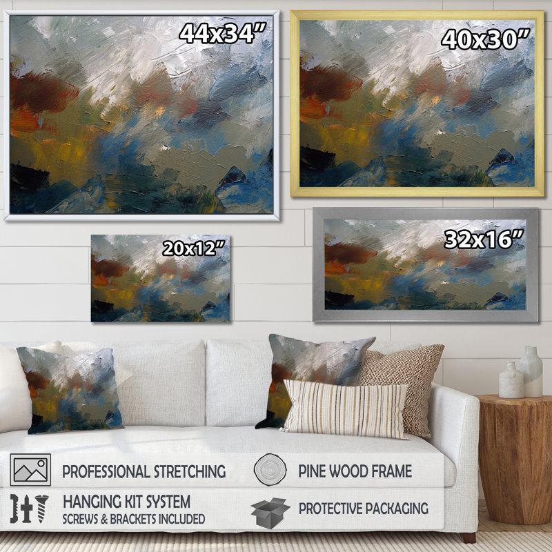 Feeling Autumn Abstract Red Orange Blue - Print, 30" H x 40" W x 1.5" D, Gold Floater Framed