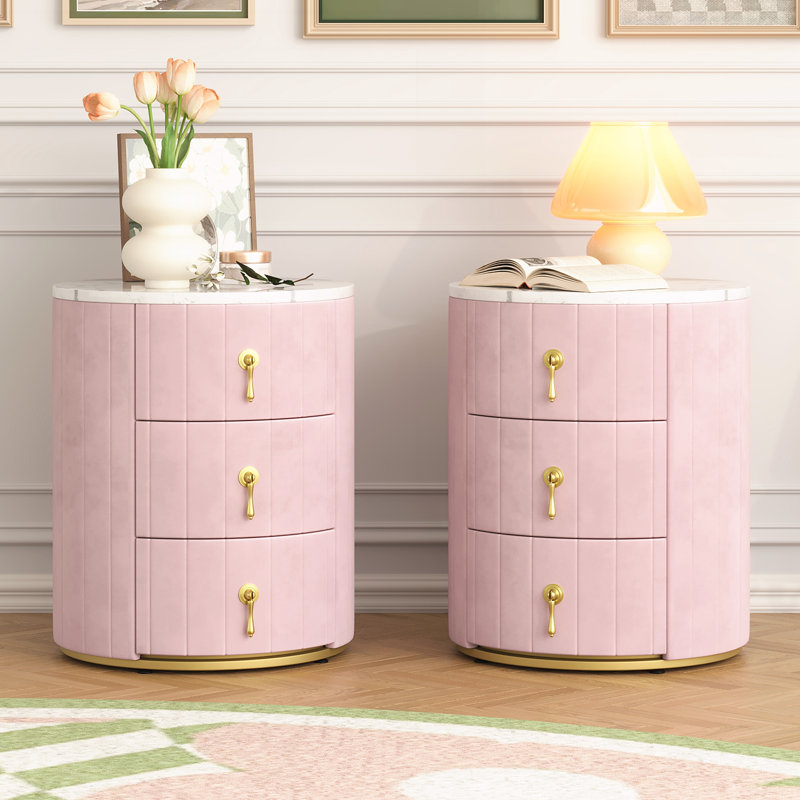 Ensemble de 2 tables de chevet rembourrées avec 3 tiroirs, Rose, Set of 2